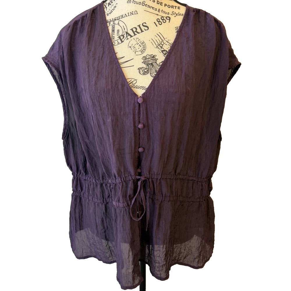 Terra & Sky Women’s Sleeveless Blouse XL Plum Button Front Tie At Waist